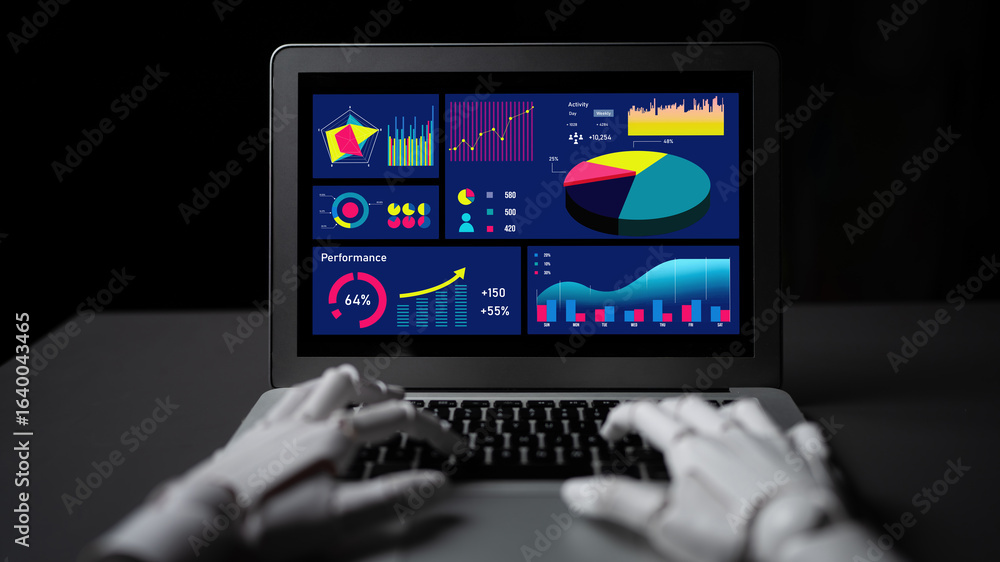 Poster a futuristic scene depicting robot hands typing on a laptop displaying colorful graphs and charts fo