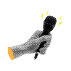 Halftone collage with hand holding microphone,collage element