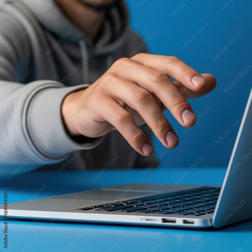 Poster a person's hand hovering over a laptop keyboard, possibly about to type or interact with the device