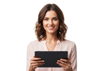 Naklejka premium Smiling woman holding a tablet isolated on transparent background