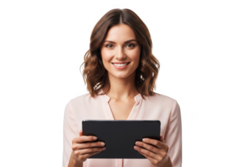 Smiling woman holding a tablet isolated on transparent background