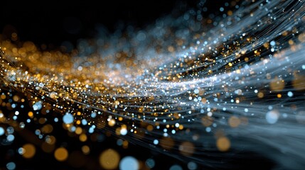 Abstract swirling particles of light and energy in a dark background, creating a sense of motion and depth.