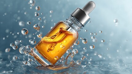 Dropper bottle with golden liquid splashing in water, suggesting skincare or cosmetic product.