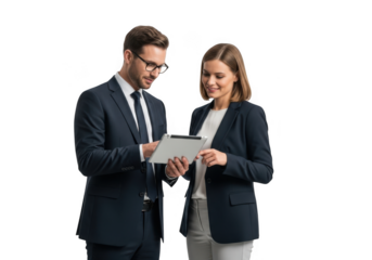 Business colleagues reviewing tablet together isolated on transparent background