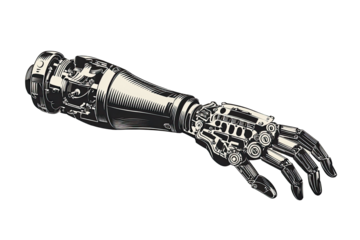 Detailed mechanical arm reaching out.  Complex, intricate, metallic robotic arm, detailed with gears, pistons, and joints.  Hand is open, extended.  Monochrome