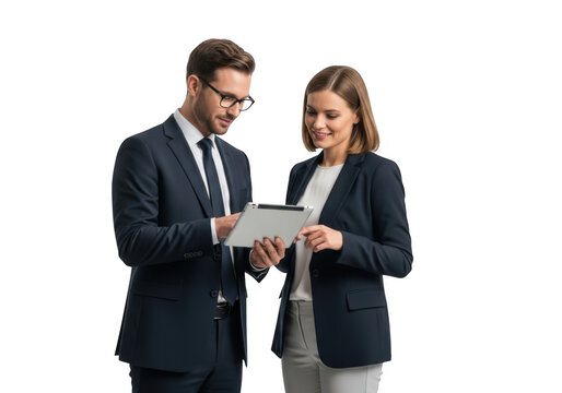 Business colleagues reviewing tablet together isolated on transparent background - Powered by Adobe