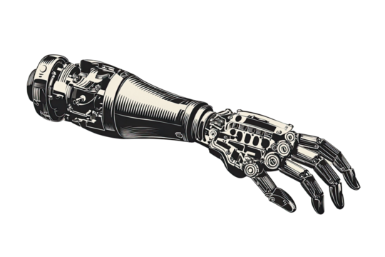 Detailed mechanical arm reaching out.  Complex, intricate, metallic robotic arm, detailed with gears, pistons, and joints.  Hand is open, extended.  Monochrome