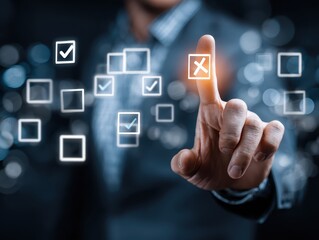 Businessman Making Reject Selection on Interactive Digital Approval System, Featuring Advanced Workflow Management, Decision Verification, and Professional Business Process Solutions