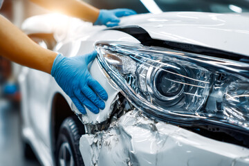 Auto body repair on a white vehicle after a collision
