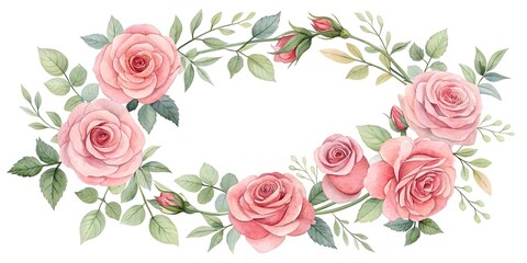 Romantic Pink Rose Watercolor Wreath Isolated On White