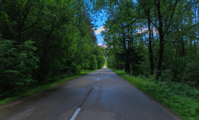 Road view on a summer day. Highways and cars, roadside and white road line markings.