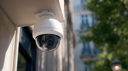 Security camera mounted on a building exterior, monitoring the area.