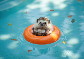 A charming hedgehog floats serenely in a pool with an orange inflatable ring. A delightful scene of this adorable animal in the water.