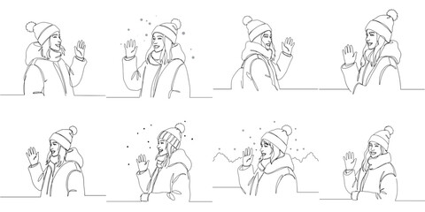 Set of 8 woman's winter greeting profile SVG icons, one line style, transparent background, cut-out