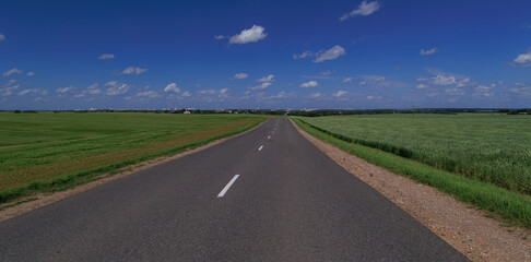Fototapeta premium Road view on a summer day. Highways and bridge, roadside and white road line markings.