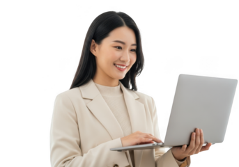 Smiling asian woman working on laptop isolated on transparent background