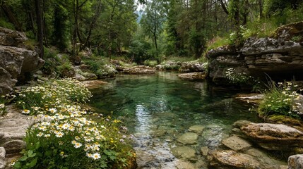 Obraz premium Clear pool in a rocky forest with green trees and white flowers