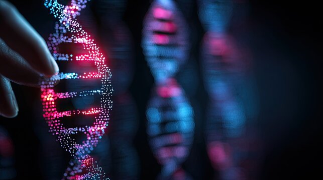 Close-up of a hand touching a glowing DNA double helix structure, representing genetics.