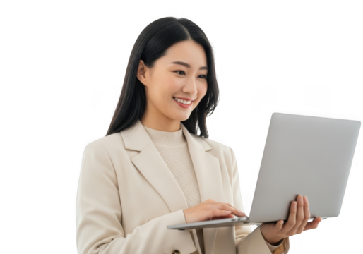 Smiling asian woman working on laptop isolated on transparent background - Powered by Adobe