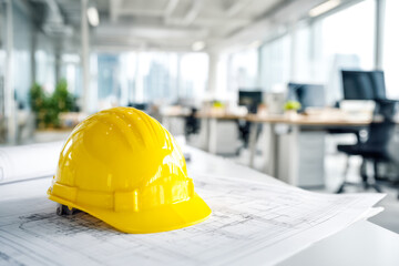 Yellow construction helmet on architectural plans in a modern office setting