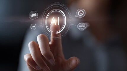 A person's finger touching a digital interface with the letters AI, representing artificial intelligence.