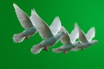 Obraz premium Four white doves flying gracefully against a vivid green backdrop, representing peace and freedom