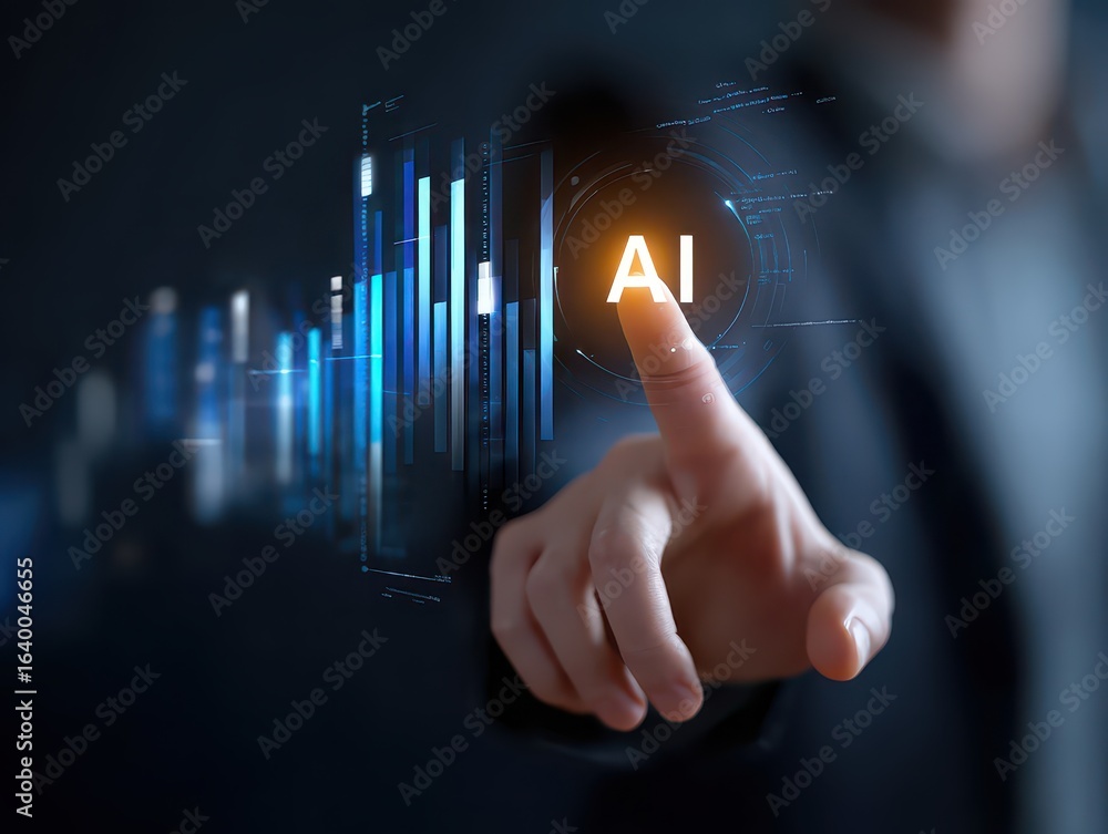 Poster businessman touching on ai machine learning on virtual screen with big data. global business develop