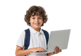 Smiling boy with curly hair holding a laptop isolated on transparent background