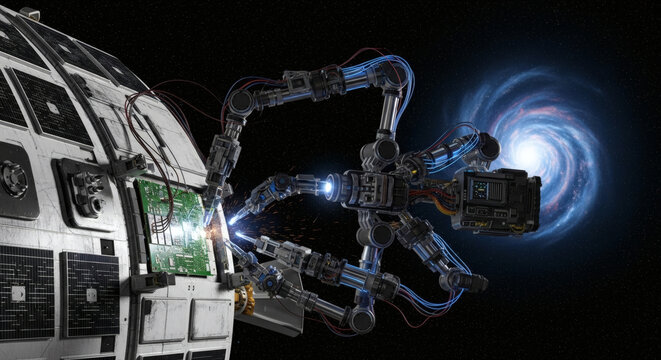 A futuristic robotic arm extends from a spacecraft, interacting with a luminous blue energy vortex or nebula in the vast darkness of space.