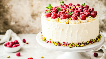 Elegant raspberry and pistachio cake with fresh berries and delicate cream frosting on a white cake stand