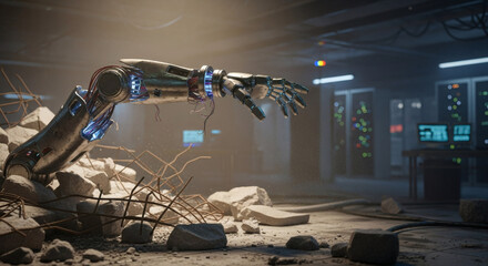 A robotic arm extends from a damaged structure, with debris and screens visible.