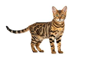 Beautiful bengal cat standing proudly isolated on transparent background