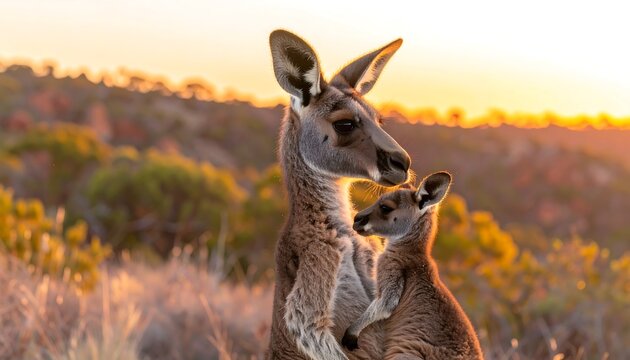 Mother kangaroo and joey at sunset.