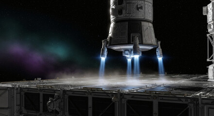 A spacecraft or lunar module descends onto a platform, with visible engine thrust and a colorful nebula in the background.