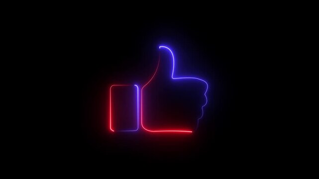 Glowing neon line Hand thumb up icon isolated Animated neon thumb up sign icon.Neon Outline Like Icon Animation Black Background. Neon thumb up like icon animation. animated like button motion graphic