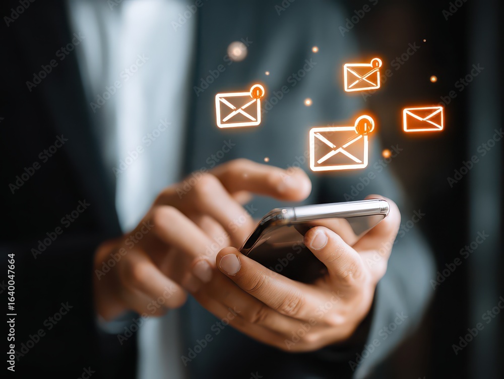 Poster businessman using email on smartphone with notification alerts for business email online communicati