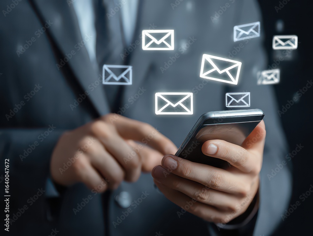 Poster Businessman using email on smartphone with notification alerts for business email online communication and digital marketing. Email notifications in your inbox