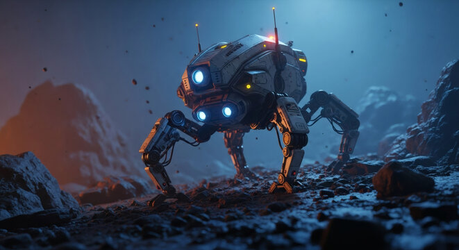 A futuristic, multi-legged robotic explorer with glowing blue lights navigates a rocky, alien terrain under a dim, atmospheric sky.