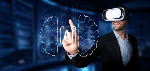 A futuristic scene showcasing a person using virtual reality to engage with artificial intelligence concepts, highlighting innovation and digital interaction in technology. XDMCP