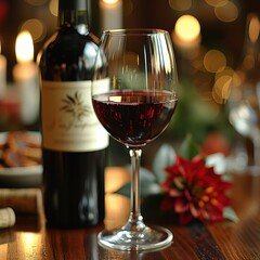 glass of red wine, with deep ruby hues and a shimmering surface. The wine is served in a stemmed glass with a bottle and cork in the background