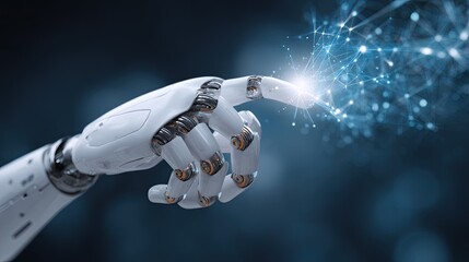 Robotic hand interacting with digital network.