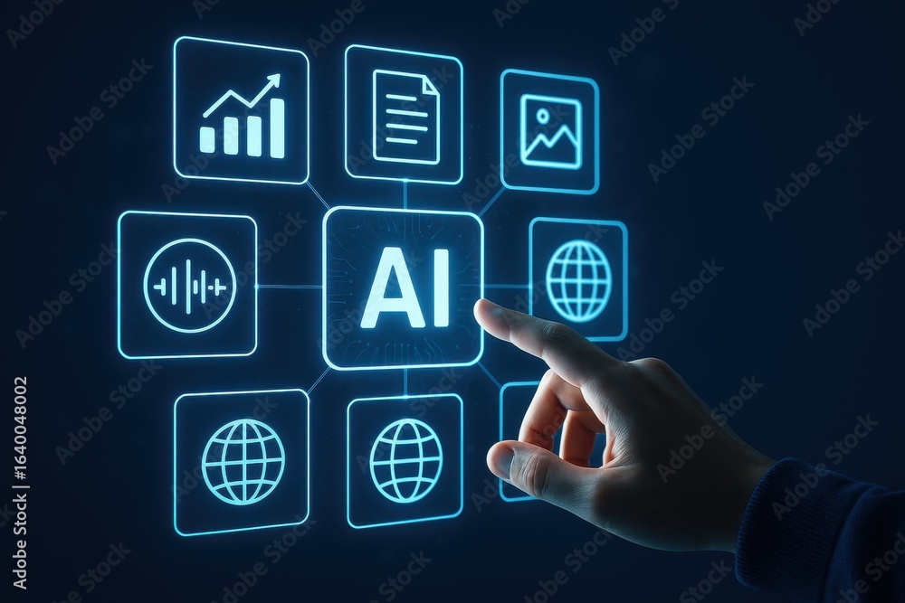 Poster unlock future potential by interacting with a luminous ai interface showcasing data, documents, imag