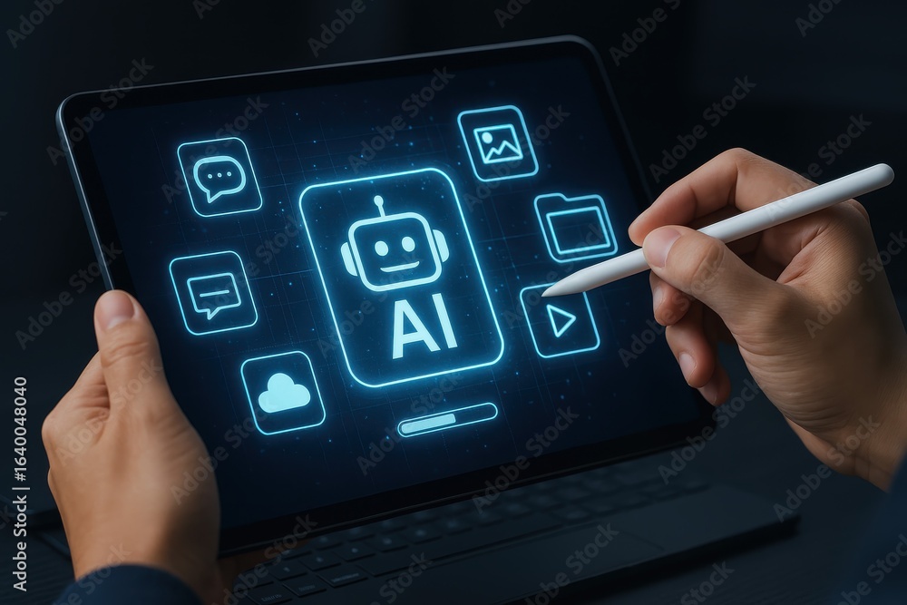 Poster explore the future of ai with interactive digital interfaces on a sleek tablet, engaging with innova