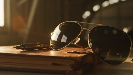 Aviator Sunglasses and Pen Resting on Aged Leather Journal - Powered by Adobe