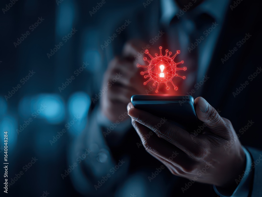 Poster businessman using smartphone with data information privacy and internet connection hacking and spam 