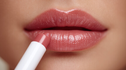 Naklejka premium Close-up of female lips applying moisturizing lip balm stick for smooth hydrated skin care, beauty and cosmetic product application on healthy natural lips with soft pink color tone