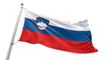 The slovenian flag flutters gently in the breeze isolated on transparent background