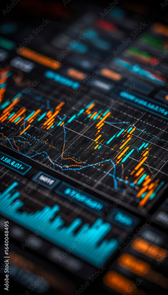 Poster digital stock market trading interface displaying financial data and analytics