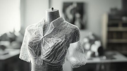 Wireframe design of chic blouse displayed on mannequin showcases intricate details and modern fashion aesthetics. artistic representation highlights creativity and innovation in garment design