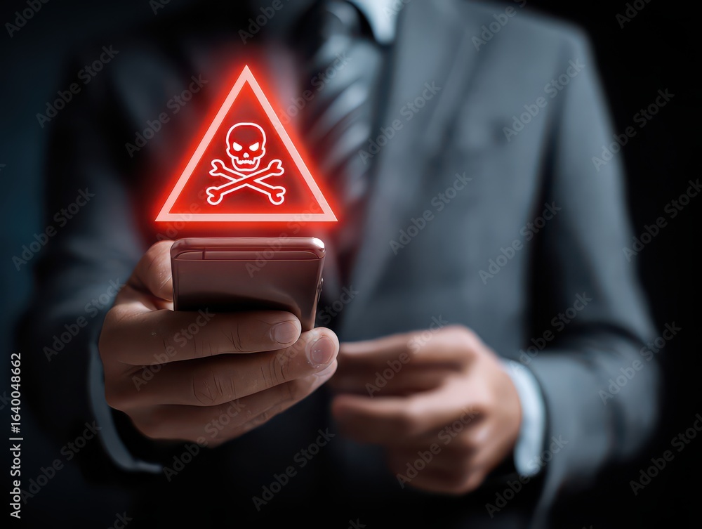 Poster businessman using smartphone with electronic email hacking and spam warning symbol.